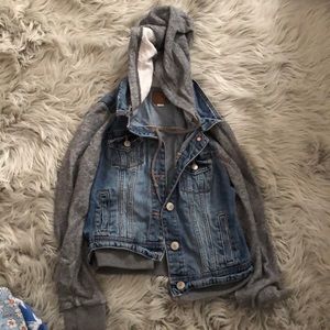 Jean Jacket with Grey Sweater Sleeves and Hood